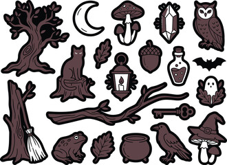 Fototapeta premium Set of halloween witch and magic elements icons and stickers in flat vector style