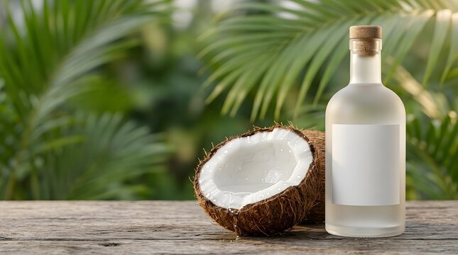 A clear glass bottle of coconut oil beside a fresh coconut half on a wooden surface.