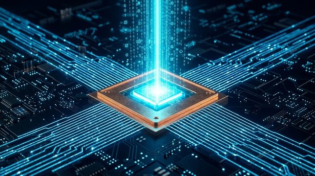 Futuristic Central Processing Unit Microchip Streaming Binary Data Light Beam on Circuit Board for Artificial Intelligence and Cloud Computing Network