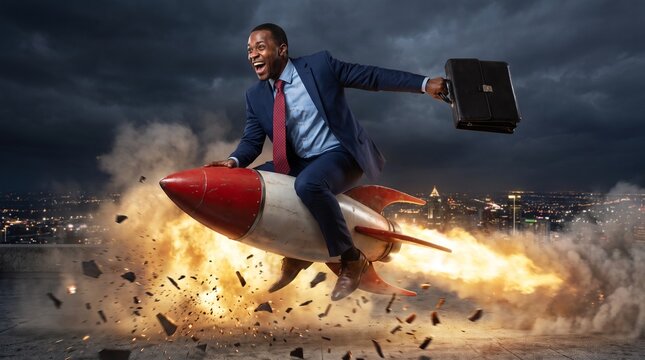 A thrilled Black businessman in a suit holding a briefcase while riding a rocket launching into the night sky over a city skyline, representing rapid career growth, business startup success, and innov