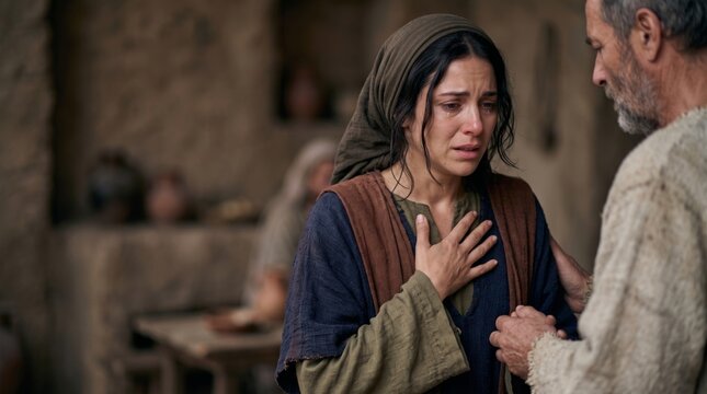 Biblical scene of grieving Martha receiving news of Lazarus death while an older man offers comfort indoors
