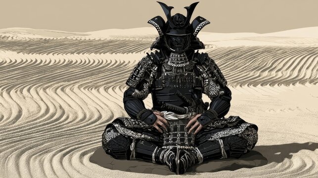 Samurai Black Iron Armor Seiza Pose Zen Rock Garden Comic Art