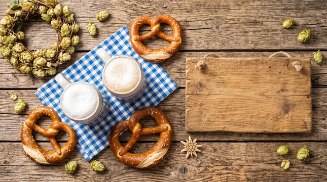 Oktoberfest beer mugs with salted pretzels and hops on rustic wooden table with blank sign and copy space