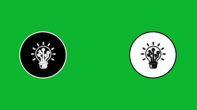 Digital brain light bulb animation on black and white circles, creative idea icon motion on green screen chroma key background.