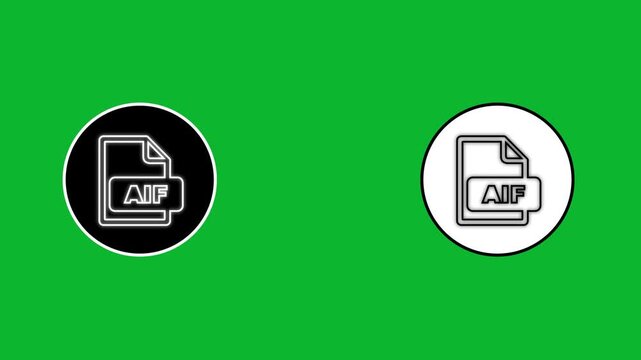 Animated AIF file format icon on black and white circles with green screen background.