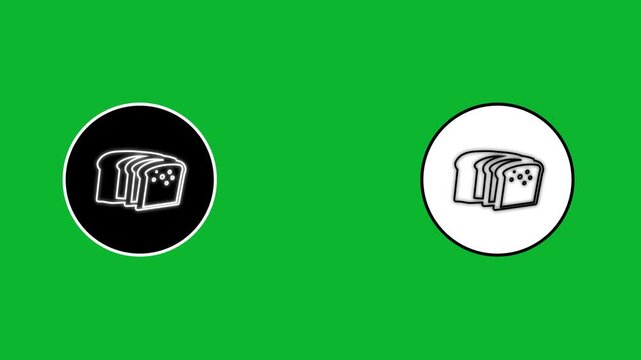 Animated bread icon showing slices of bread in both black and white circles, a food and drink motion graphic on a green screen.