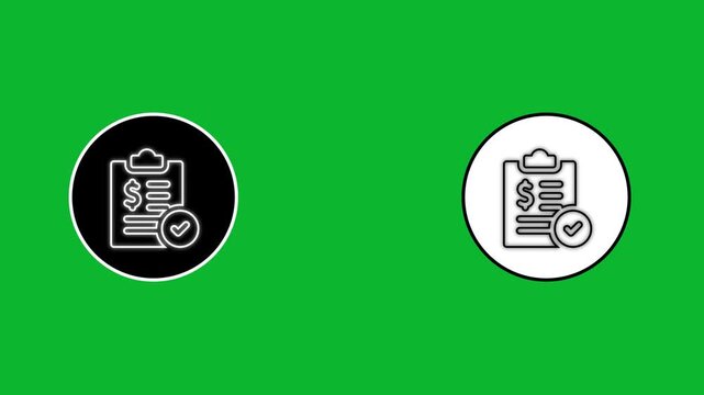 Animated invoice receipt checkmark icon in circles with green screen background loop.