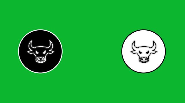 Minimalist bull head logo reveal animation on green screen with black and white circular elements.