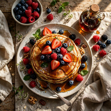 Overhead view of freshly homemade prepared pancakes with berries and maple syrup on the table 