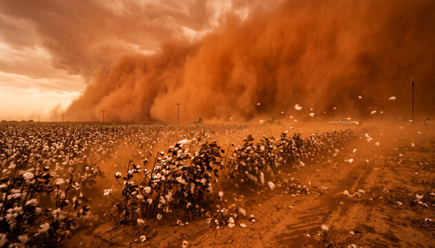 Dust bowl sandstorm damages cotton crops in a field near the plains during the 1930s