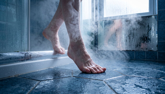 Stepping out of a hot shower in a cold bathroom with mist on the windows