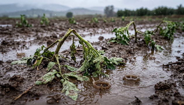 Heavy rain destroys tomato seedlings in flooded field during storm