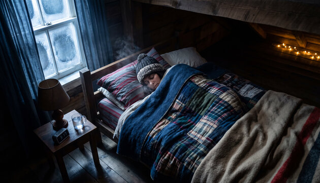 Person sleeps under blankets in unheated bedroom during cold weather