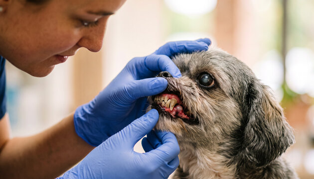 Senior pet dentistry examination for maxillary abscess on dog in veterinary clinic