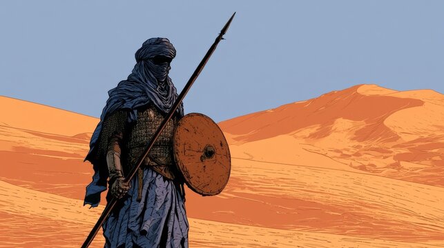 North African Desert Warrior Iron Armor Wide Horizon Comic Style