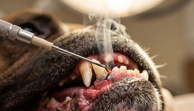 Veterinary periodontal surgery with electro cautery and gingivoplasty performed on a dog at a clinic