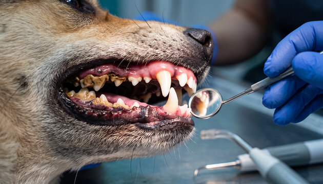 Veterinary dental transformation with tartar removal before and after treatment on a dog's teeth