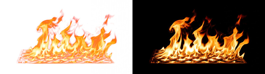 Fototapeta premium Rectangular grid fire pit flames leaping through cross-hatched slats, burning effect cutout with real transparency