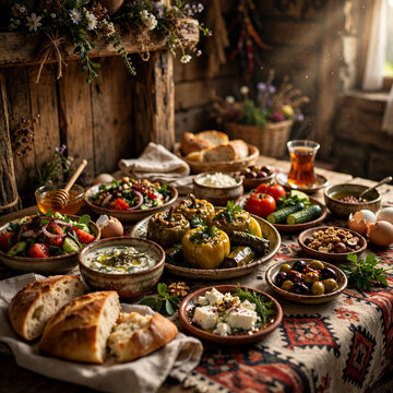 Traditional Turkish festive table with homemade dishes and bread prepared for Ramadan or Bayram celebration in a rustic yayla house in Turkiye Atmospheric food and lifestyle