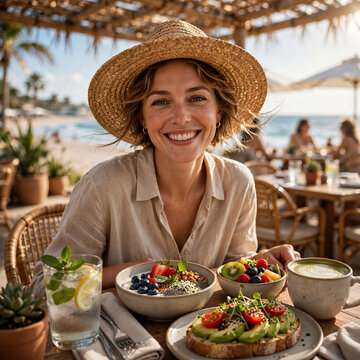 Woman enjoying lunch at a sunny beach restaurant. Woman wearing a hat smiling while dining at an outdoor beachside restaurant. healthy breakfast