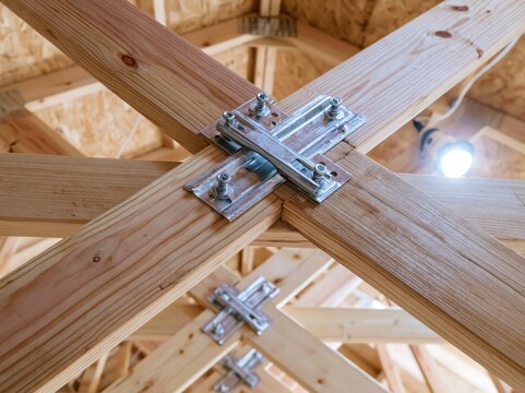 Close-up view of wooden roof trusses and metal connectors, showcasing the structural integrity of a building under construction.