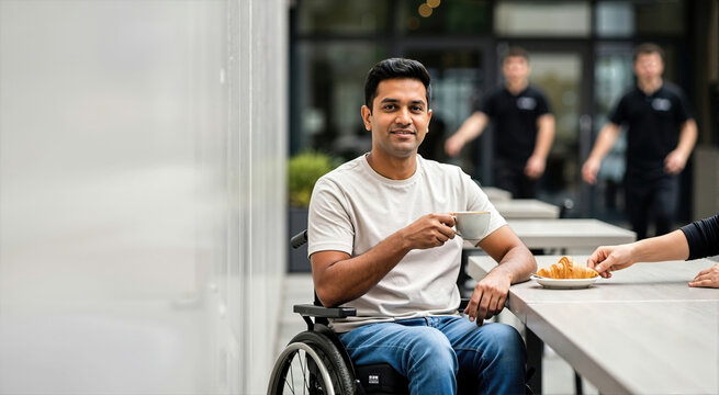 South Asian man in wheelchair holding coffee cup at outdoor patio cafe table with copy space. Disabled person receiving fresh croissant pastry served by waiter outdoors in even daylight