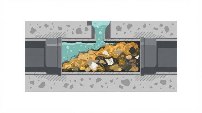 A cross section shows a blockage in a drainage pipe affecting septic tank function in a residential area.