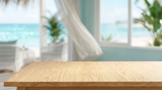Empty Wooden Tabletop Photo with Blurred Tropical Beach Resort Background for Product Display and Summer Website Banner