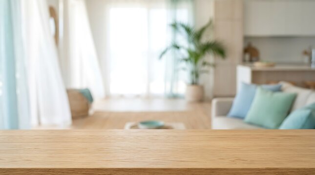 Empty wooden table top mockup with blurred modern living room interior background for product presentation and display.