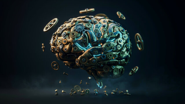 Mechanical Brain Made of Gears and Cogs Falling Apart, Artificial Intelligence Machine Learning Concept