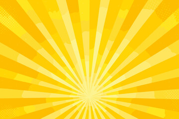 Fototapeta premium Yellow sunburst radial rays with comic style pop art design featuring bright orange and yellow sunbeams emanating from a central point with subtle halftone texture