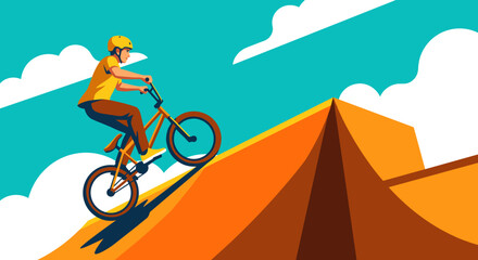 Fototapeta premium A young man riding a BMX bicycle up a steep orange ramp under a blue sky with clouds in a flat vector illustration style