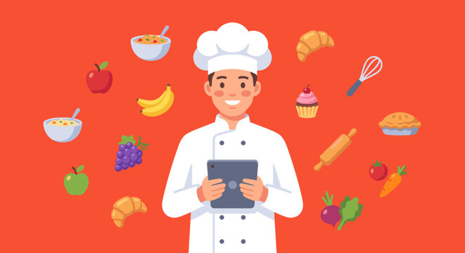 Smiling male chef holding a digital tablet surrounded by various food and cooking icons like fruits, vegetables, bakery items, and kitchen utensils in a flat vector illustration style