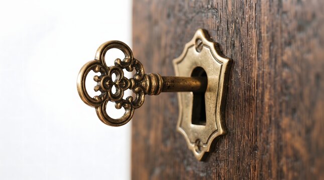 Antique ornate keyhole and key on weathered wooden door close up