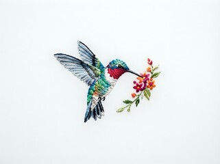 Fototapeta premium Hummingbird in flight approaching vibrant magenta and pink flowers