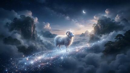 Fototapeta premium Ethereal llama standing on glowing celestial pathway among clouds and mountains, surrounded by magical light particles and starry night sky for fantasy and dreamlike concepts.
