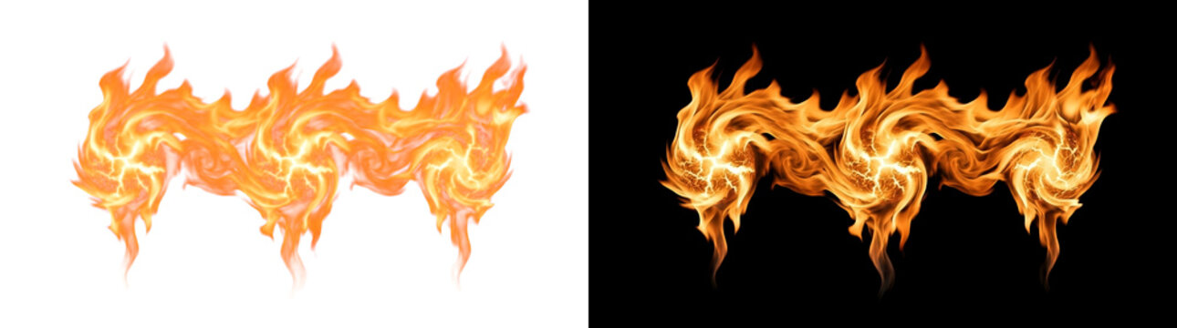 Three molten fire orbs connected by twisting vortex flame bridges, glowing flame transparent design element