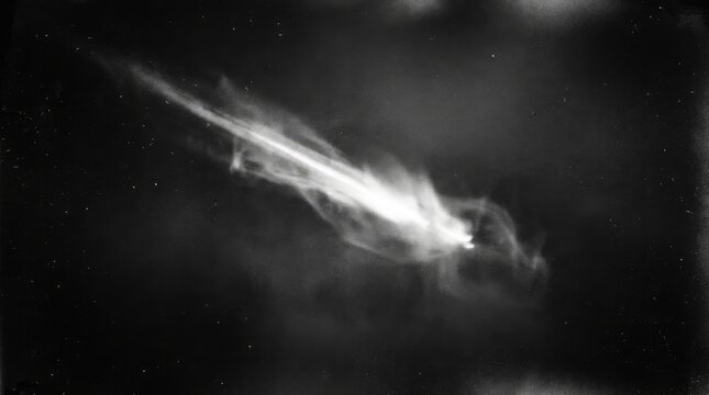 A bright glowing comet or shooting star streaking across the dark night sky in a dramatic black and white