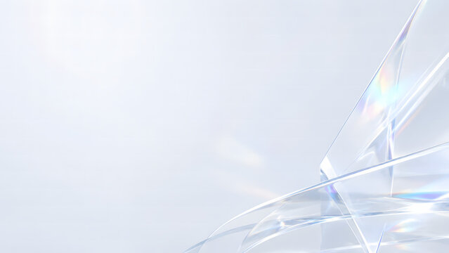 Abstract clean white background with transparent crystal glass panels and iridescent prism light on right side. generated by AI.