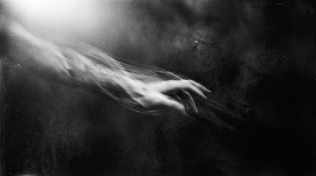 A ghostly pale hand reaching out from deep darkness in a cinematic black and white conceptual art photograph