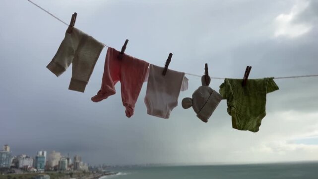 Baby clothing hanging on an outdoor clothesline to air dry naturally, with a coastal city skyline and ocean background. Concept of urban green living, energy-saving , and sustainable family living. 