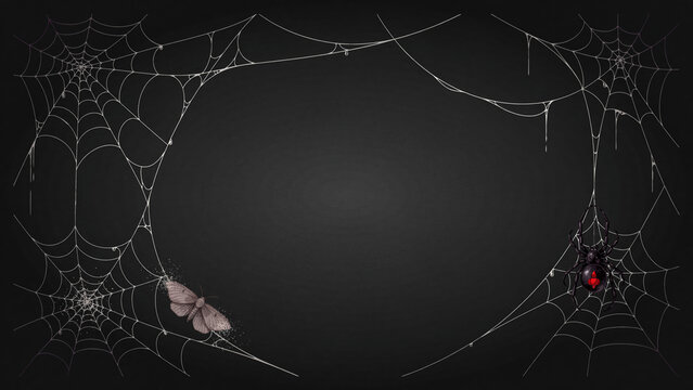Spooky spider web frame on black background, gothic cobweb border with spider and moth, dark halloween background with copy space