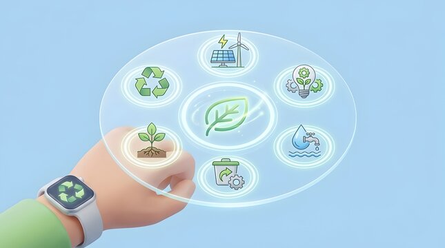 Hand with smartwatch displaying recycling symbol near eco-friendly icons