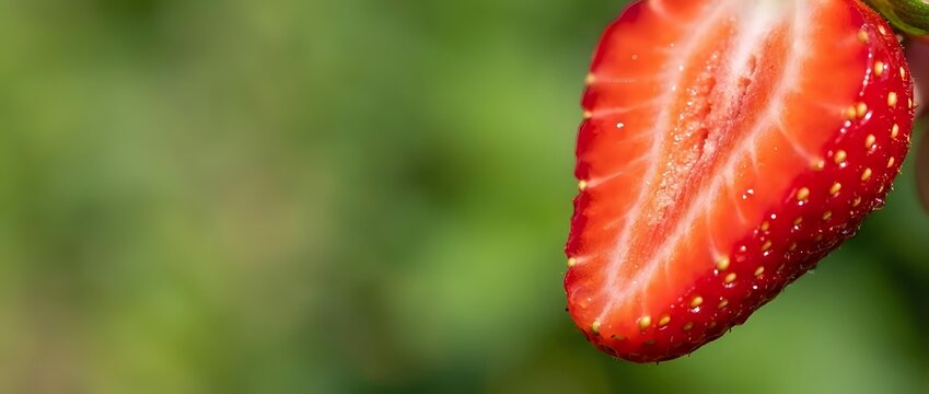 Fresh red strawberry half cut lengthwise showing seeds