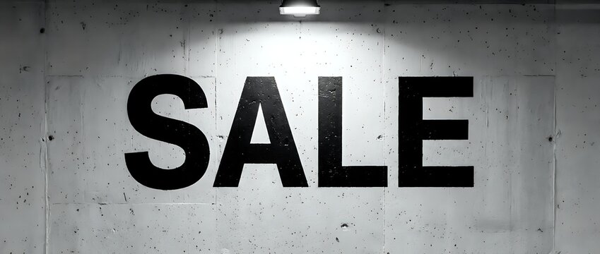 Large black SALE text displayed on concrete wall under lighting