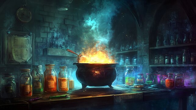 A bubbling cauldron on a lab bench, surrounded by jars of strange ingredients.