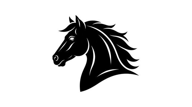 Black horse head silhouette, majestic stallion profile icon, minimalist equine animal logo on white background