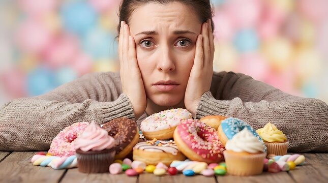Stressed young woman resisting sweet temptation among donuts