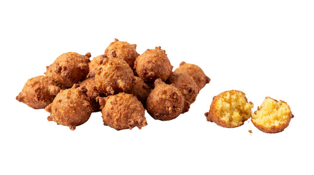 Golden hush puppies pile, fried cornmeal balls on white background, crispy southern side dish, traditional deep fried appetizers