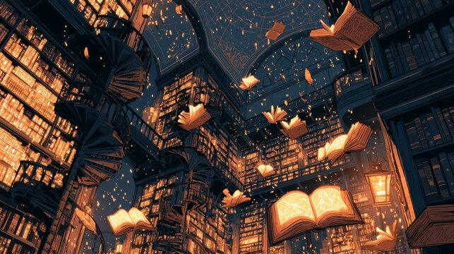 Enchanted Grand Library Glowing Books Air Wonder Comic Illustration